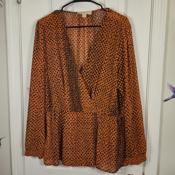 Michael Kors Tops - Michael Kors XL Orange & Black Animal Print Faux-Wrap Peplum Blouse